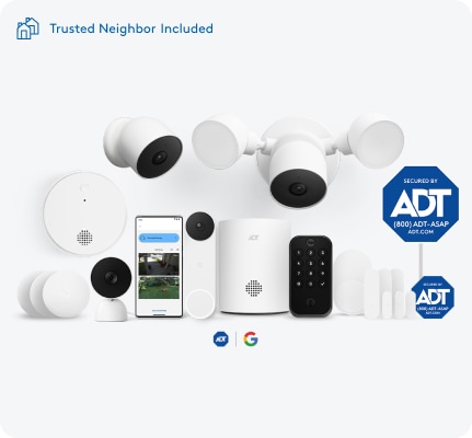 Front Door Protection package consisting of ADT door/window sensors, Google Nest Doorbell, ADT app, ADT hub, ADT motion sensor, ADT sign, ADT window sticker Front Door Protection package consisting of ADT door/window sensors, Google Nest Doorbell, ADT app, ADT hub, ADT motion sensor, ADT sign, ADT window sticker